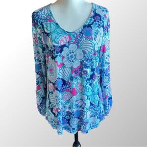 T by Talbots Top Women’s L Blue & Pink UPF 50+ Protection Long Sleeve‎ Floral